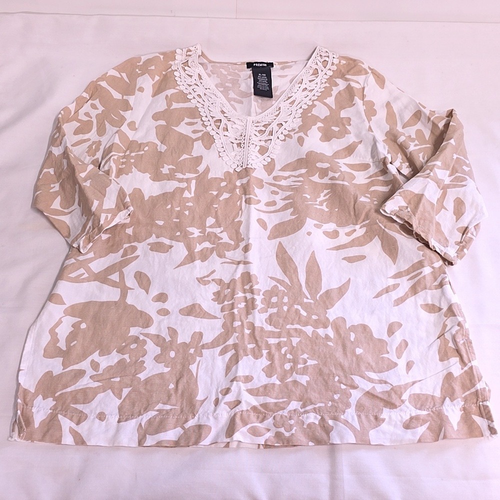 Premise Tunic Top Women XL Tan White Floral Crochet Lace V-Neck Linen Blend